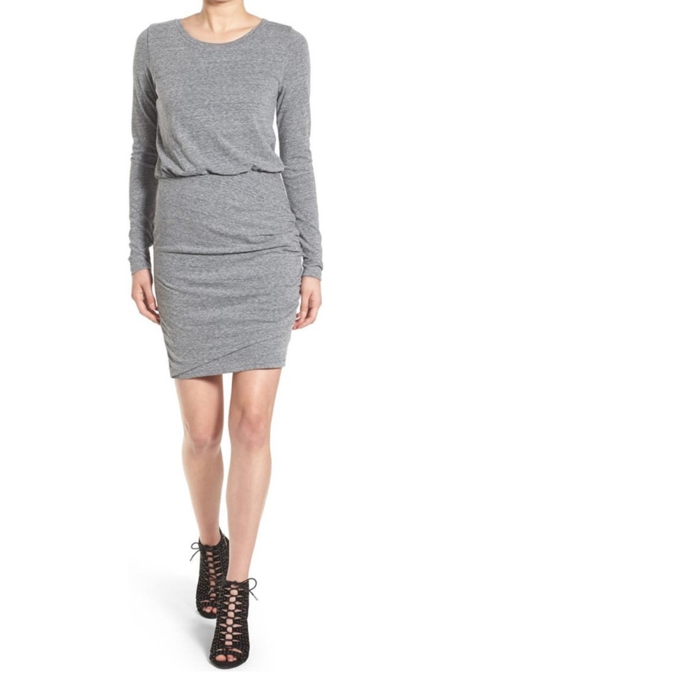 Leith Gray Ruched Bodycon Dress Long Sleeve Mini Size Small